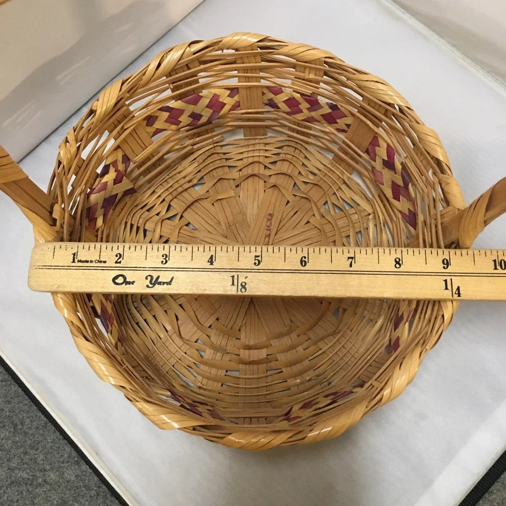 Vintage Mexican Woven Basket Handle Natural Purple Handcrafted Easter Holiday